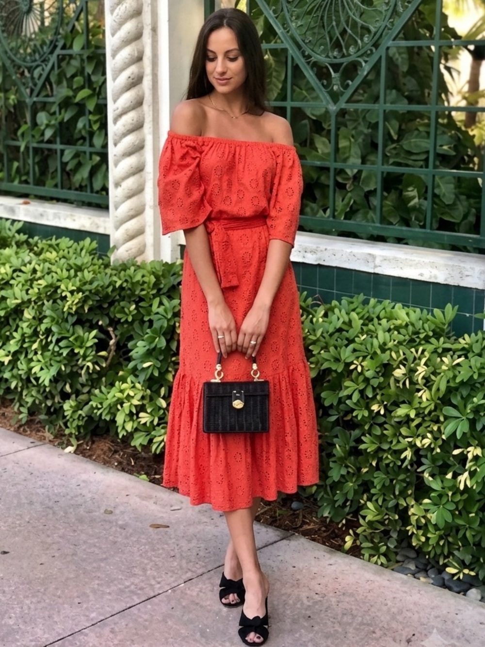 Rhode Resort Women’s Red Eyelet Midi Dress with Ruffled Hem Small